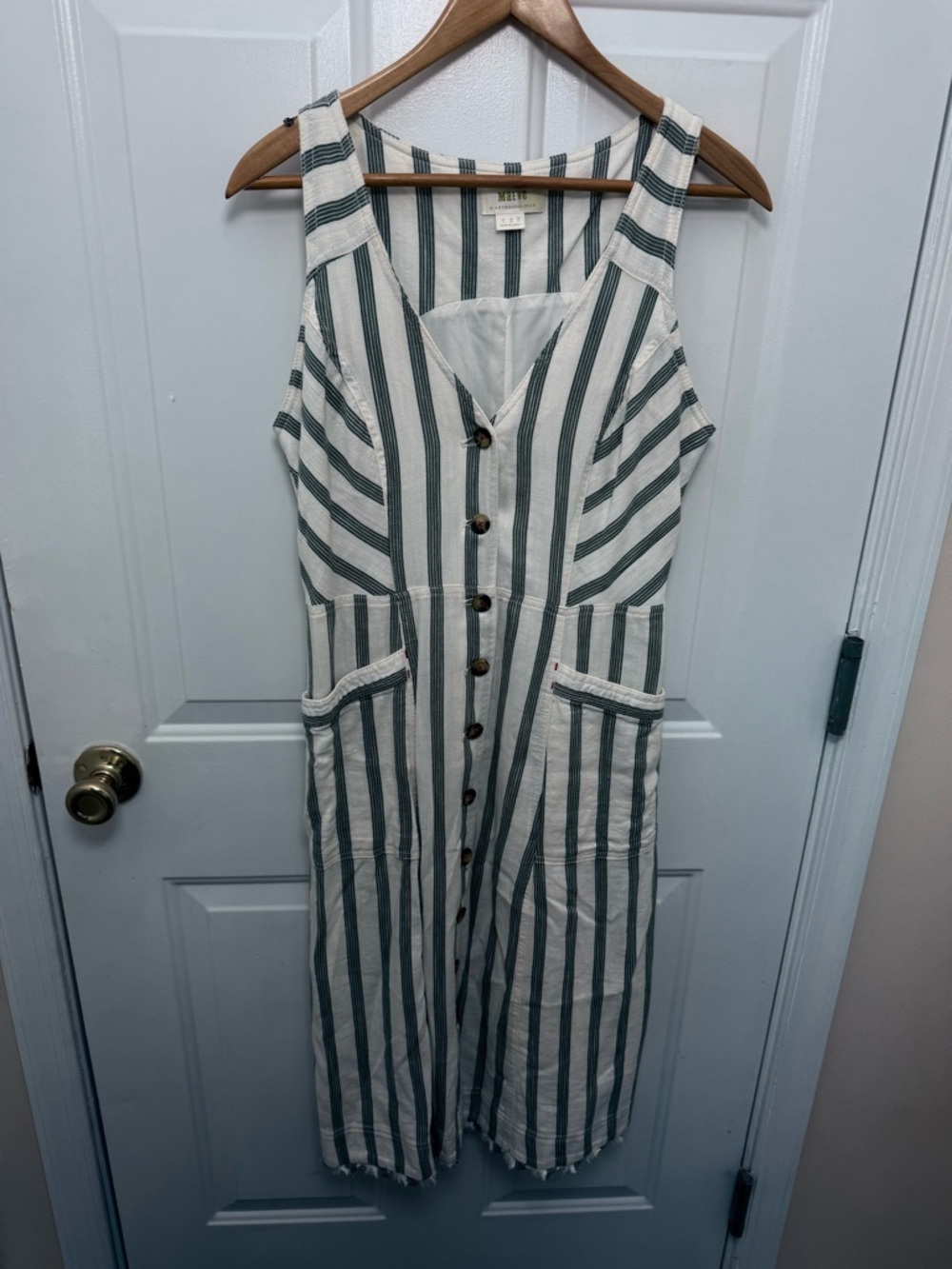 Maeve Blue And White Striped V Neck Button Up Sleeveless Dress Size 6 Pockets